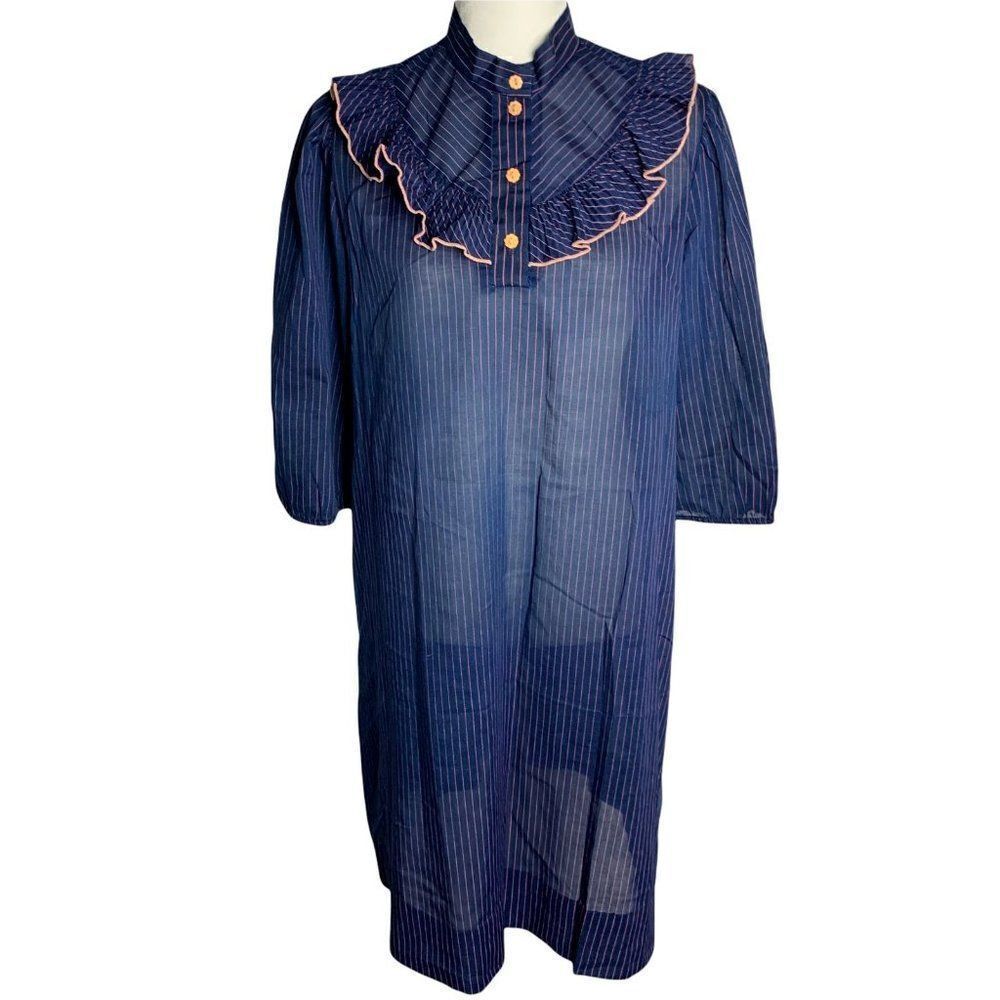 Vintage Pin Stipe Nightgown Dress S Blue Pink Buttons Half Sleeve Elastic Ruffle